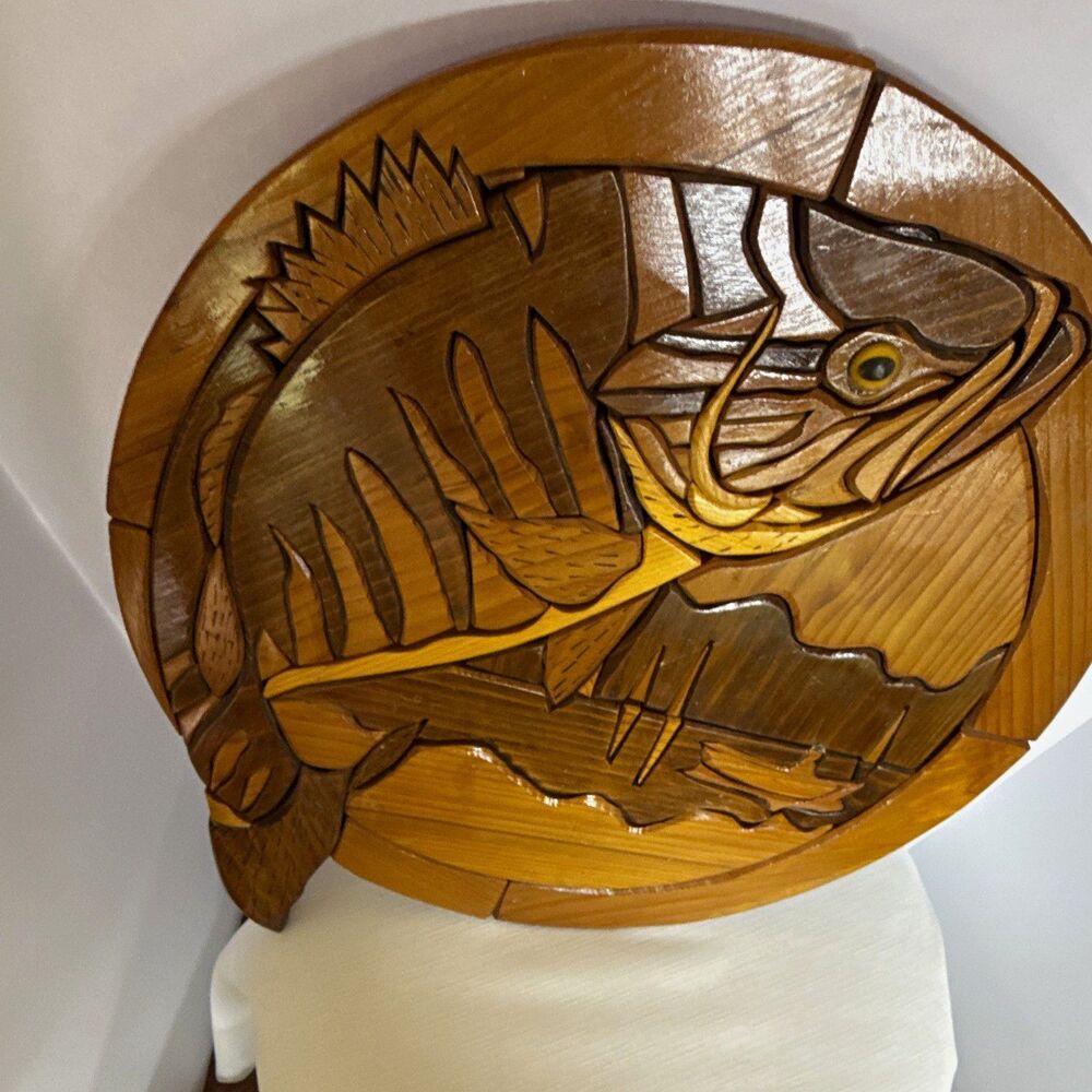 Vintage Large Mouth Bass Intarsia Wood Plaque Art - Signed Wood-N-Art NM.